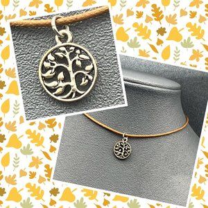 Tree Of Life Pendant Choker Necklace 12 In Silver Brown Cord BoHo Earthy Hippie